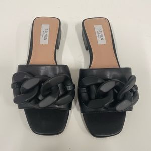 STEVEN, New York. Edgy black square toe, kitten sandals.